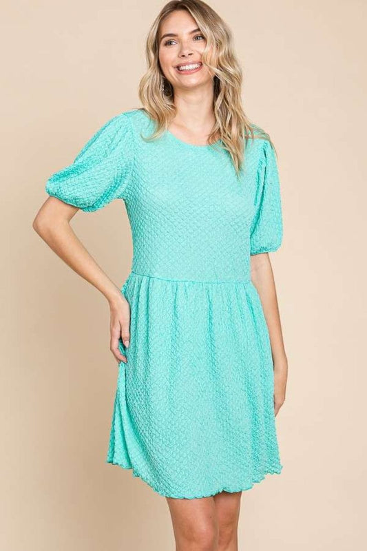 Culture Code Full Size Textured Round Neck Puff Sleeve Dress - Trendsi