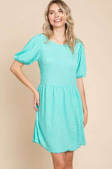 Culture Code Full Size Textured Round Neck Puff Sleeve Dress - Trendsi