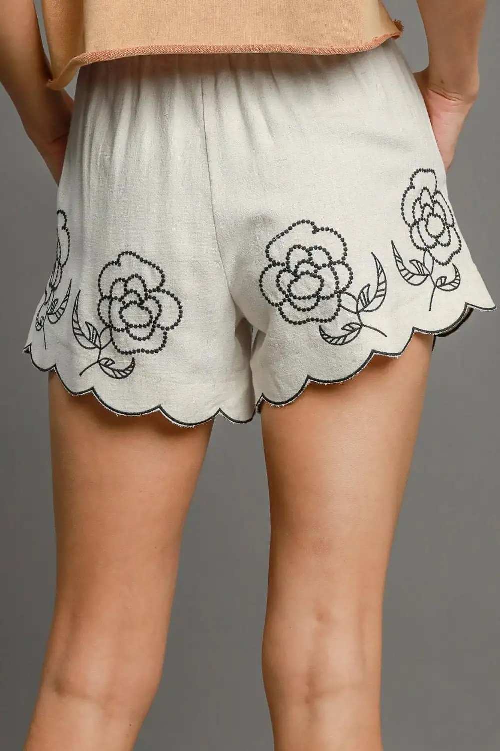 Umgee Full Size Linen Blend Shorts with Floral Embroidered Details Plus Size - Trendsi - Flyclothing LLC