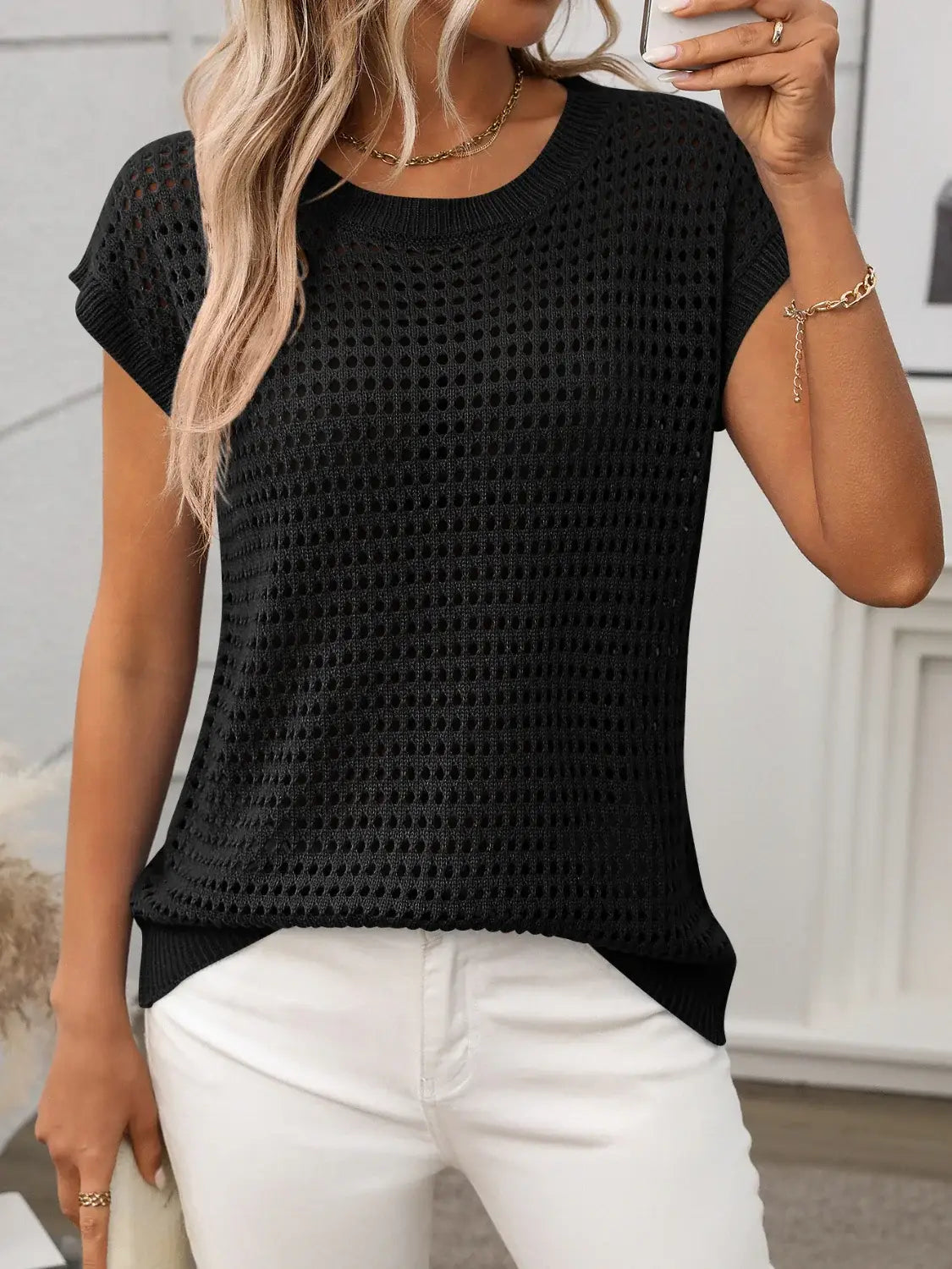 Openwork Round Neck Short Sleeve Knit Cover Up - Trendsi - Flyclothing LLC