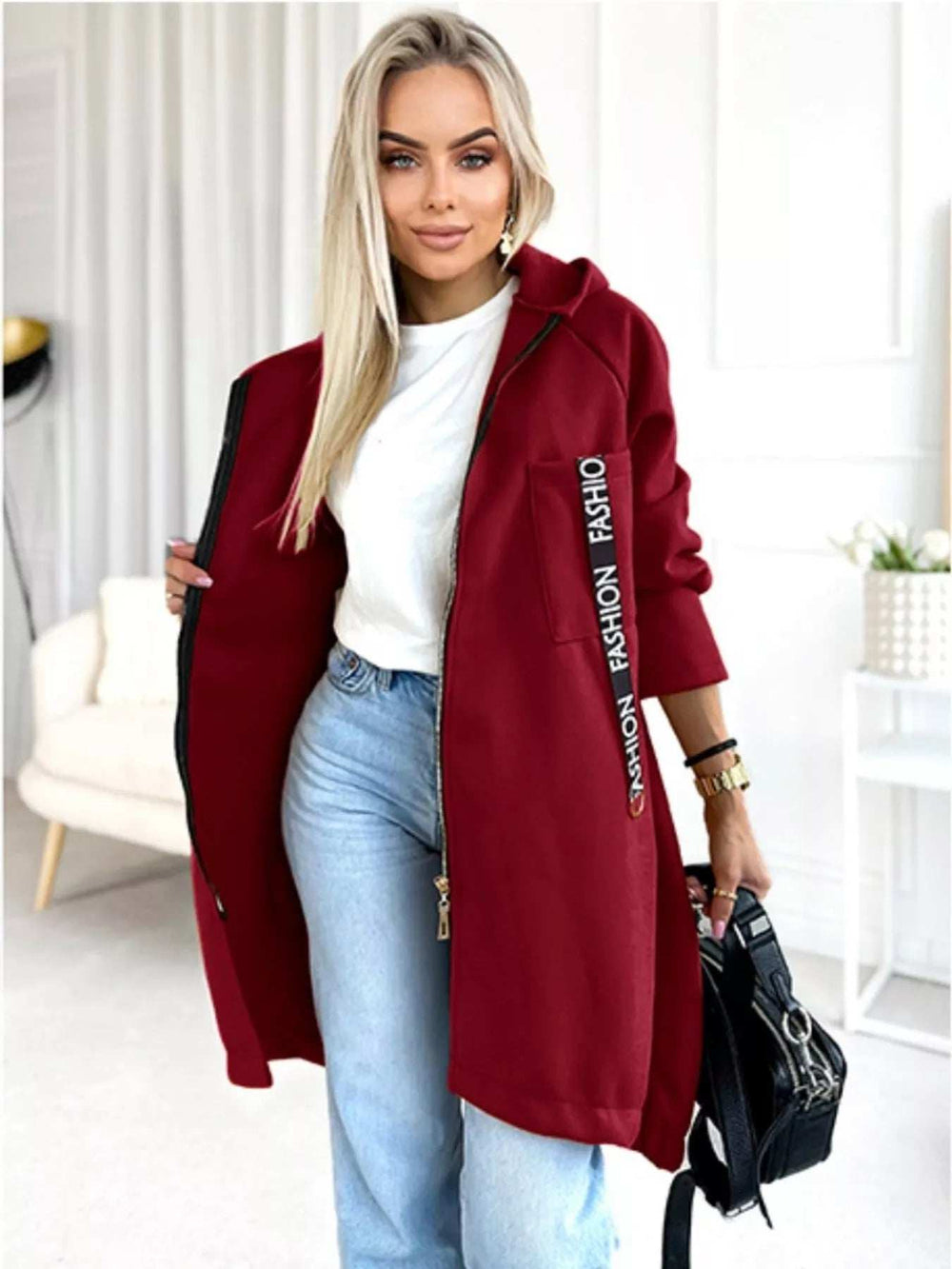 Full Size Zip Up Longline Hooded Outerwear Plus Size - Trendsi - Flyclothing LLC