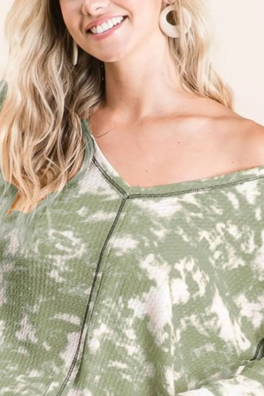 BiBi Tie Dye Print Waffle V Neck Top with Contrast - Trendsi - Flyclothing LLC