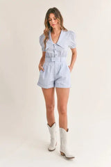 MABLE Striped Puff Sleeve Collared Neck Romper - Trendsi - Flyclothing LLC