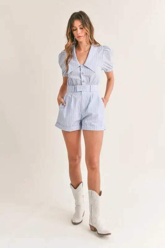 MABLE Striped Puff Sleeve Collared Neck Romper - Trendsi - Flyclothing LLC