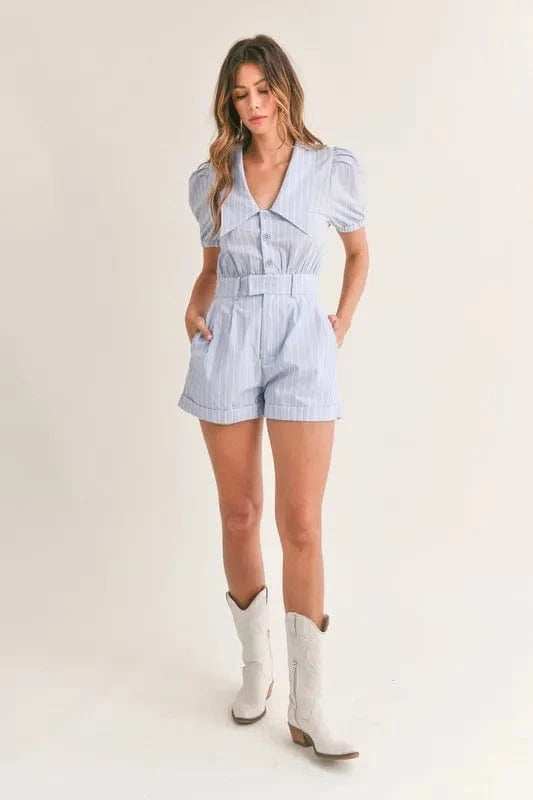 MABLE Striped Puff Sleeve Collared Neck Romper - Trendsi - Flyclothing LLC