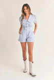 MABLE Striped Puff Sleeve Collared Neck Romper - Trendsi - Flyclothing LLC