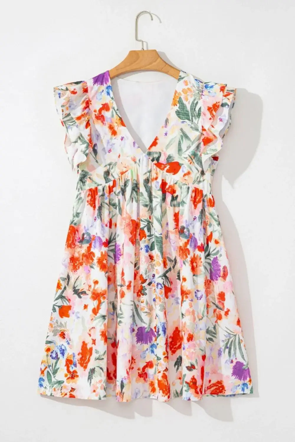 Floral Double Ruffle Sleeve V Neck Mini Dress - Trendsi - Flyclothing LLC