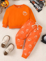Children's Halloween Pumpkin Print Long Sleeve Sweatshirt and Pants Set - Trendsi - Flyclothing LLC