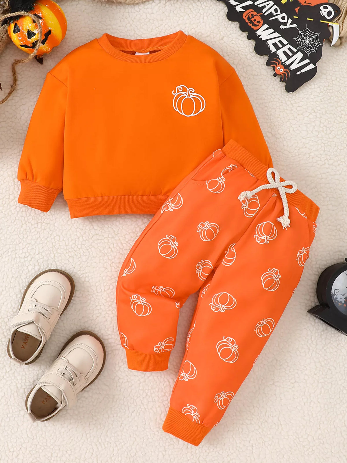 Children's Halloween Pumpkin Print Long Sleeve Sweatshirt and Pants Set - Trendsi - Flyclothing LLC