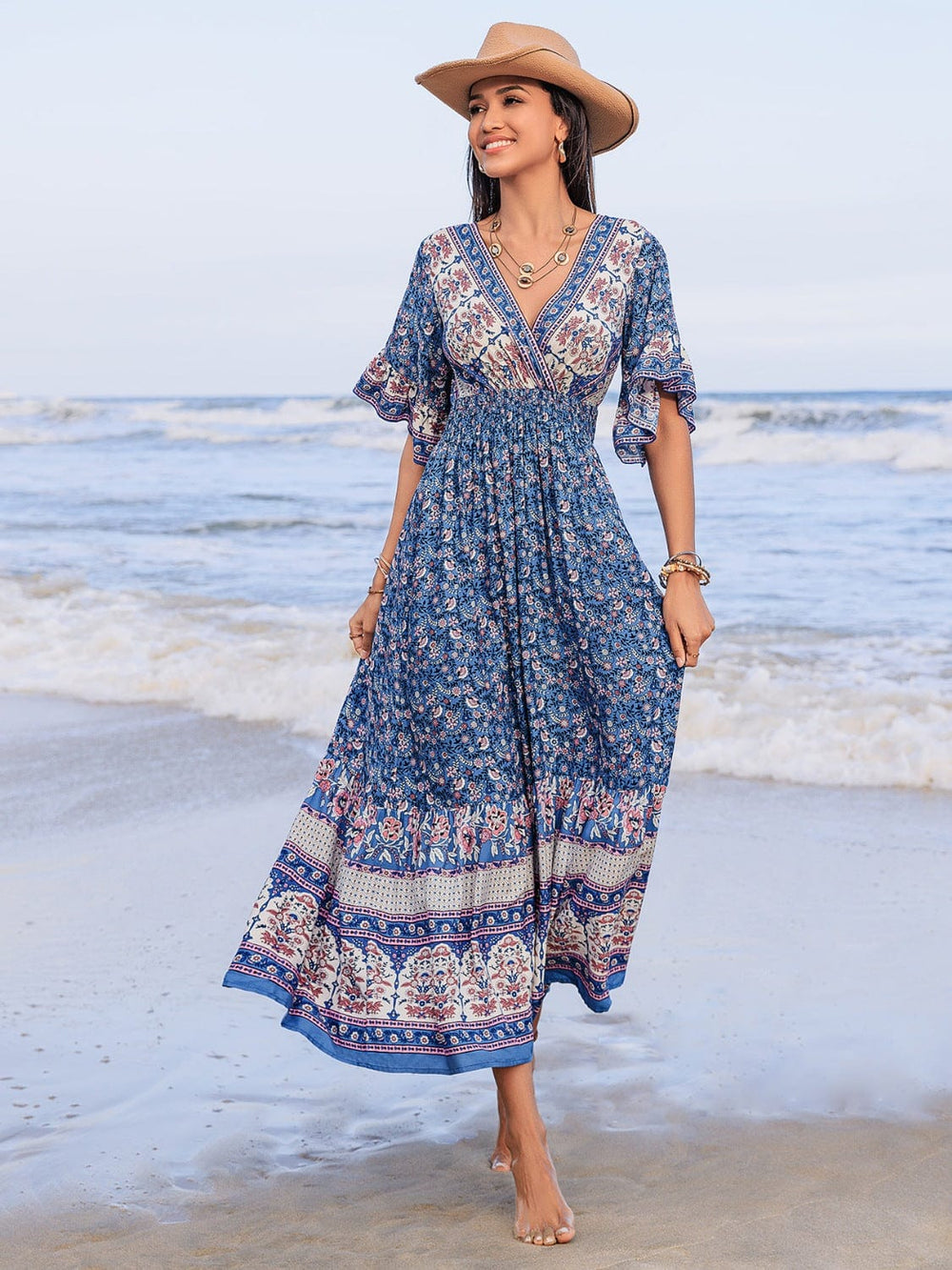 Ruched Printed Flounce Sleeve Midi Dress - Trendsi