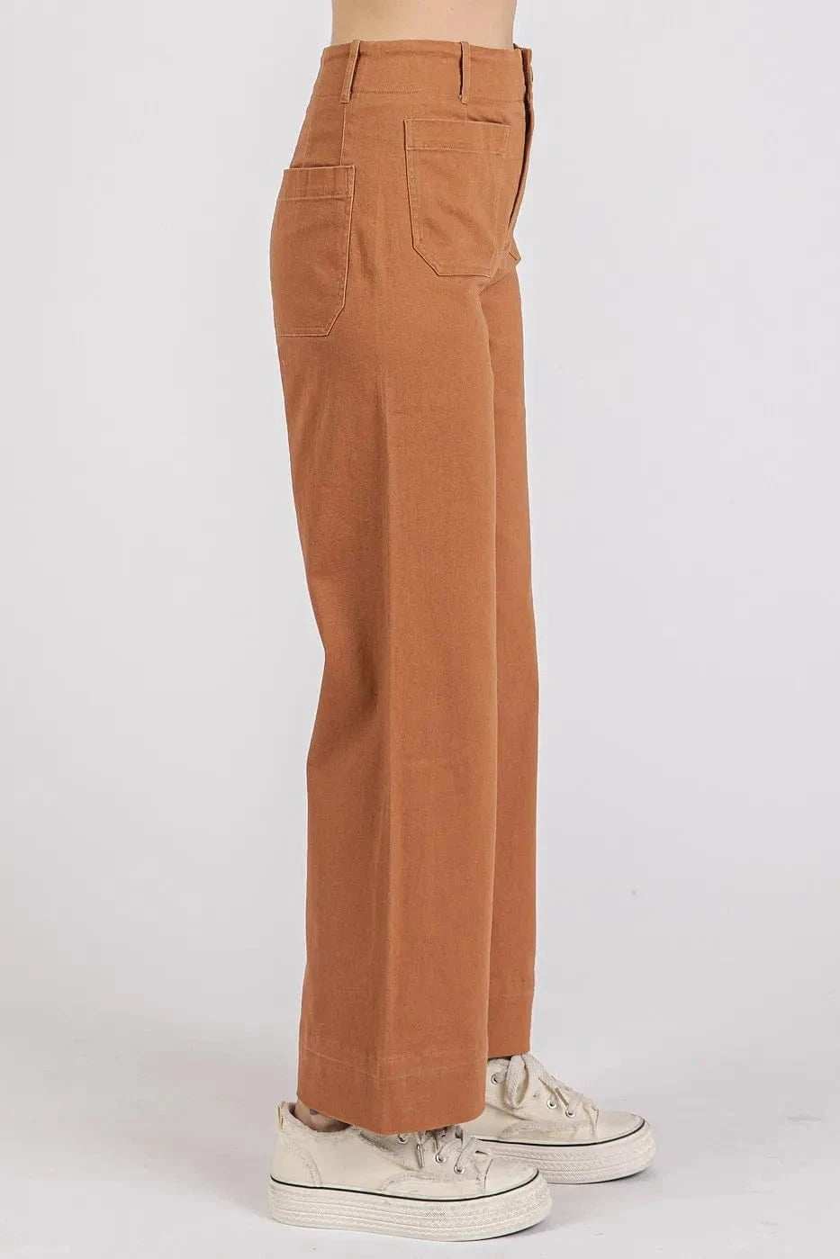 Mittoshop Twill Patch Pocket High Rise Wide Leg Pants - Trendsi - Flyclothing LLC