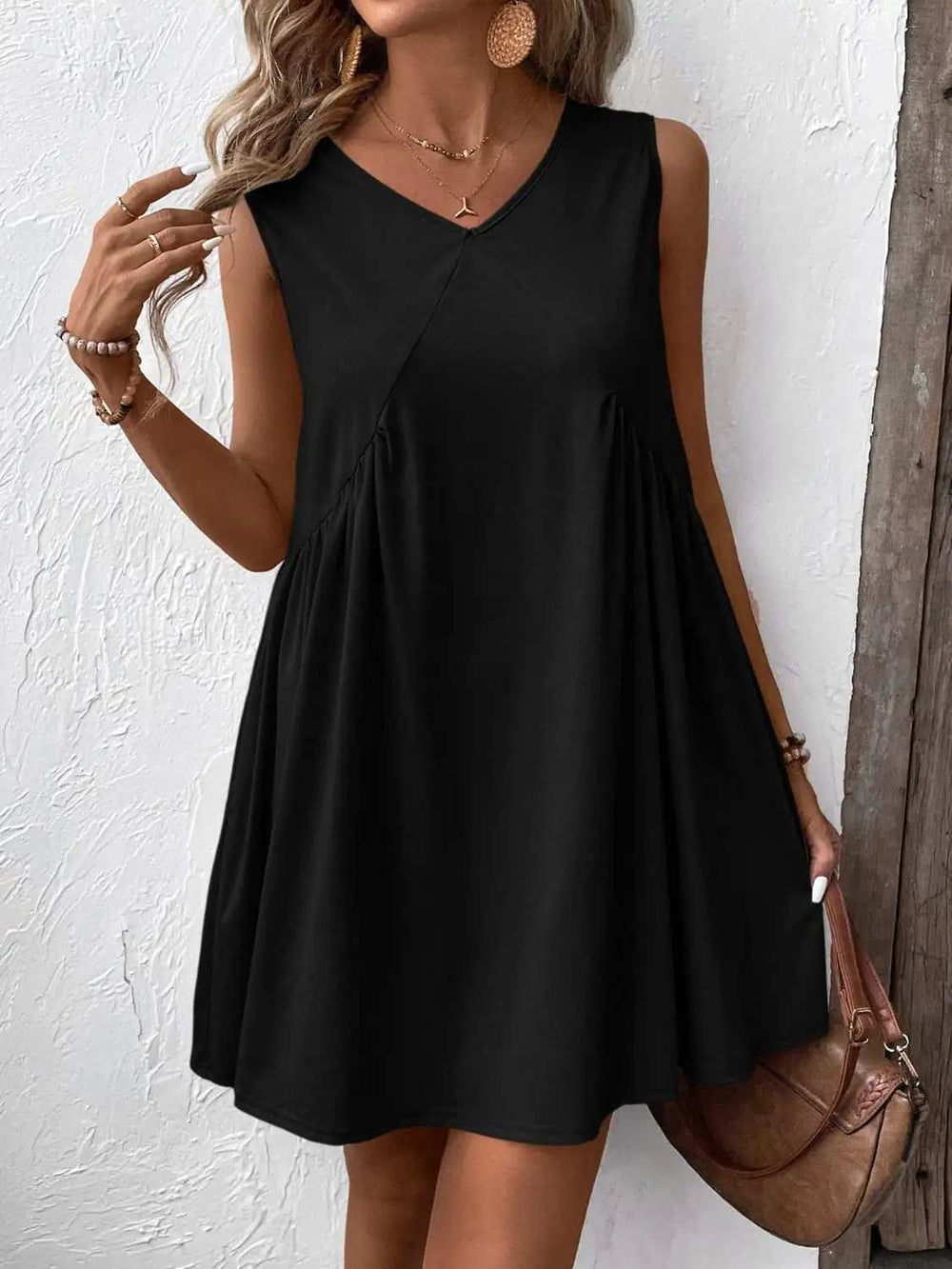 Ivy Lane Ruched V-Neck Sleeveless Mini Dress - Trendsi - Flyclothing LLC
