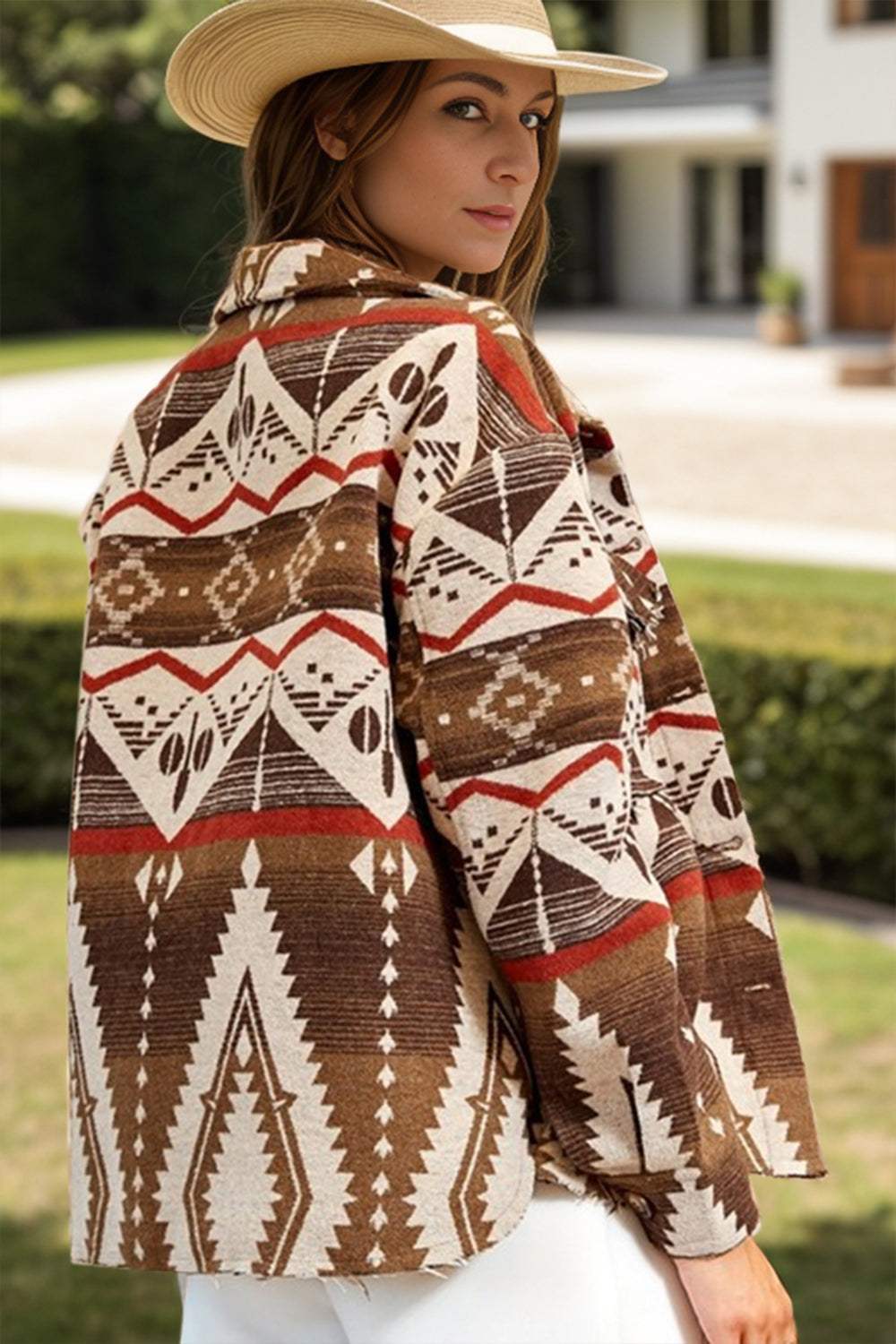Geometric Button Up Long Sleeve Jacket - Trendsi - Flyclothing LLC
