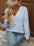 Striped V-Neck Button Front Casual Top - Trendsi - Flyclothing LLC