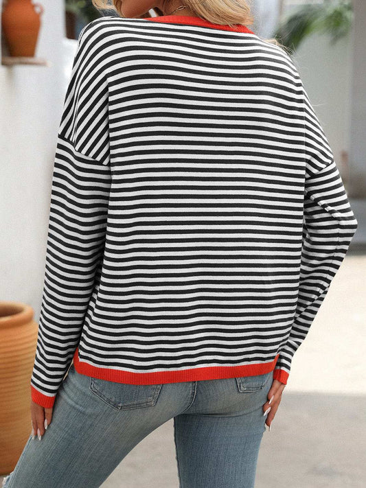 Mandy Striped Round Neck Long Sleeve Sweater - Trendsi - Flyclothing LLC