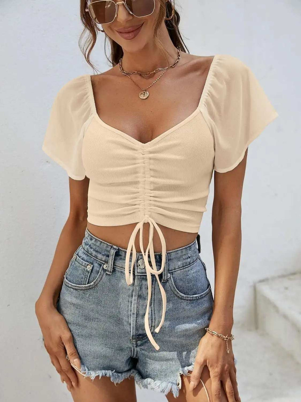 Drawstring Short Sleeve Crop Top - Trendsi - Flyclothing LLC