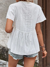 Perfee Eyelet V-Neck Short Sleeve Blouse - Trendsi - Flyclothing LLC