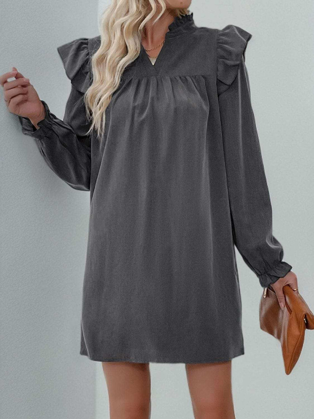 Perfee Ruffled Notched Long Sleeve Mini Dress - Trendsi - Flyclothing LLC