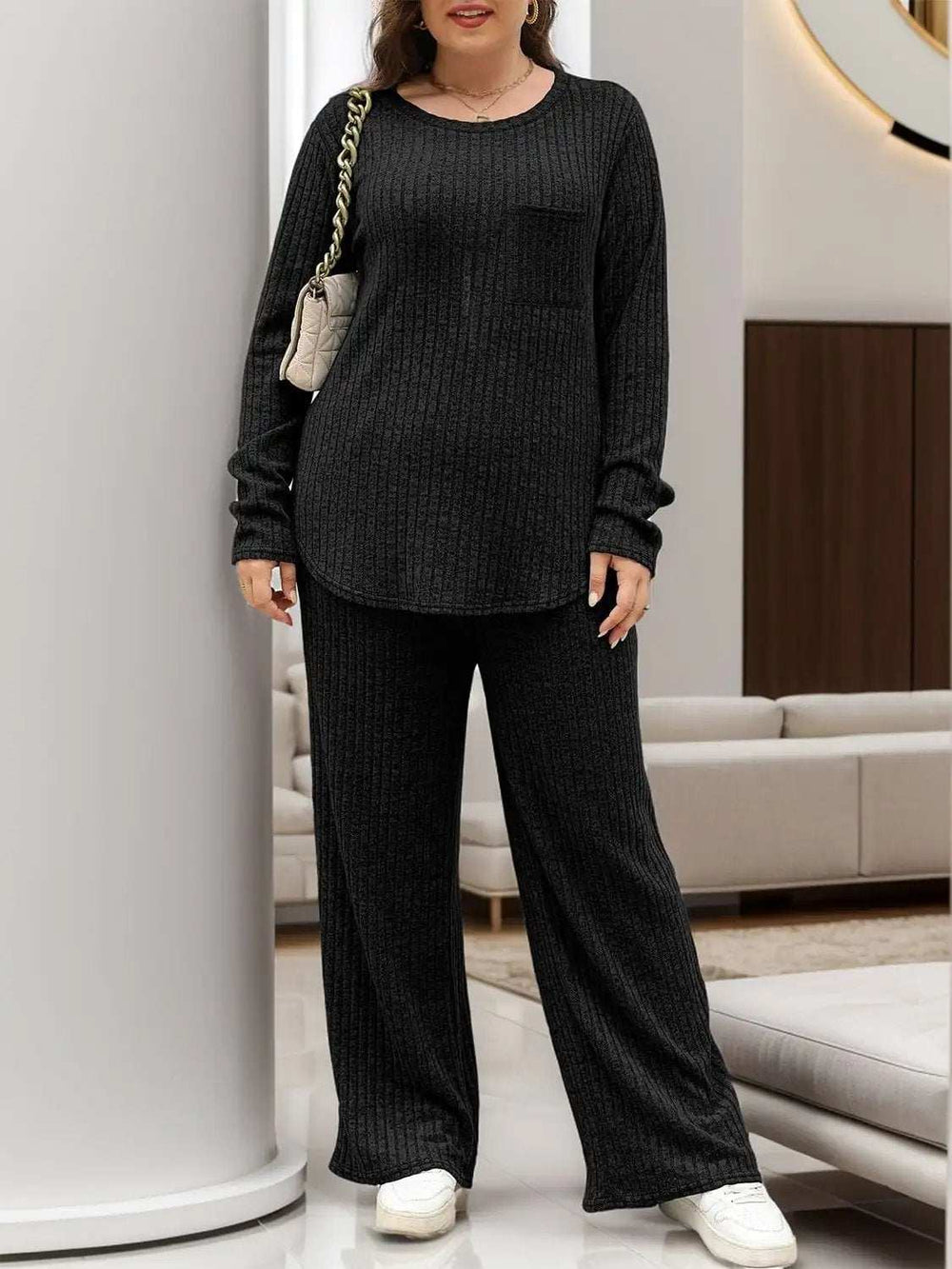 Round Neck Long Sleeve Top and Pants Set - Trendsi - Flyclothing LLC