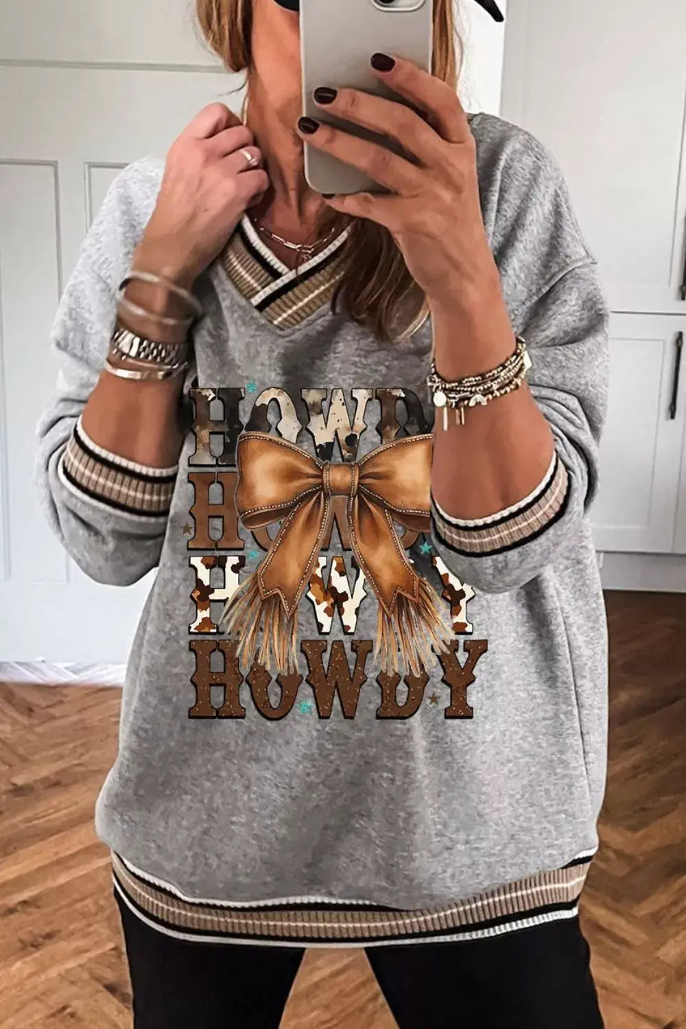 Howdy Graphic V-Neck Sweatshirt - Trendsi - Flyclothing LLC