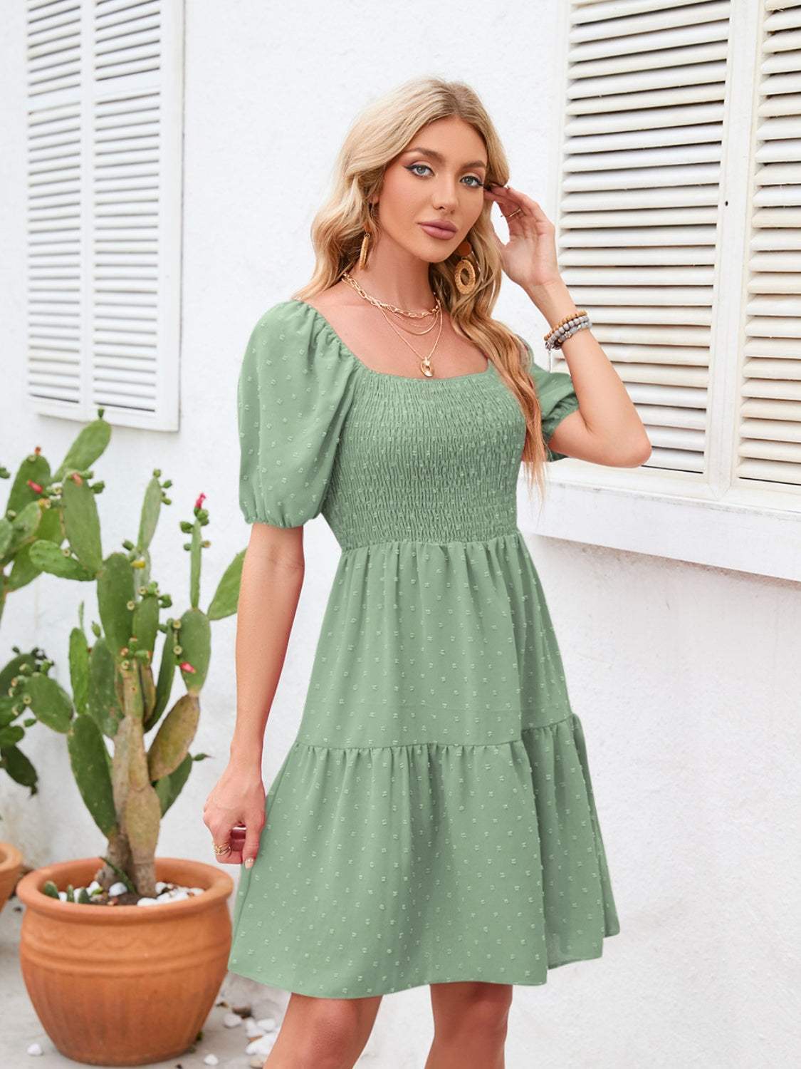 Swiss Dot Smocked Square Neck Dress - Trendsi - Flyclothing LLC