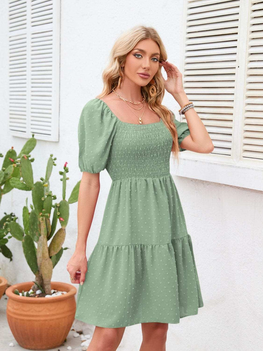 Swiss Dot Smocked Square Neck Dress - Trendsi - Flyclothing LLC