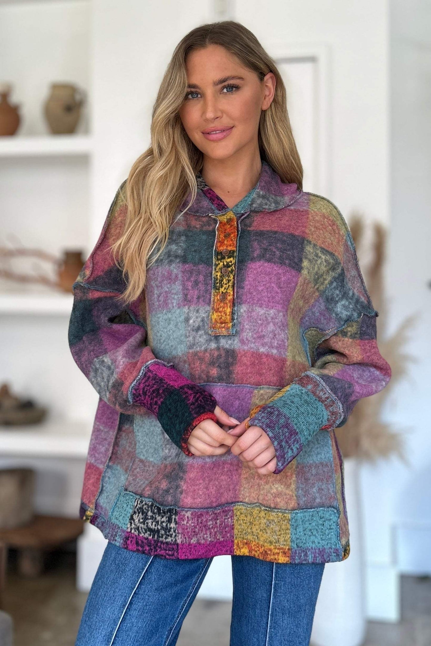 Double Take Full Size Plaid Dropped Shoulder Hoodie - Trendsi - Flyclothing LLC