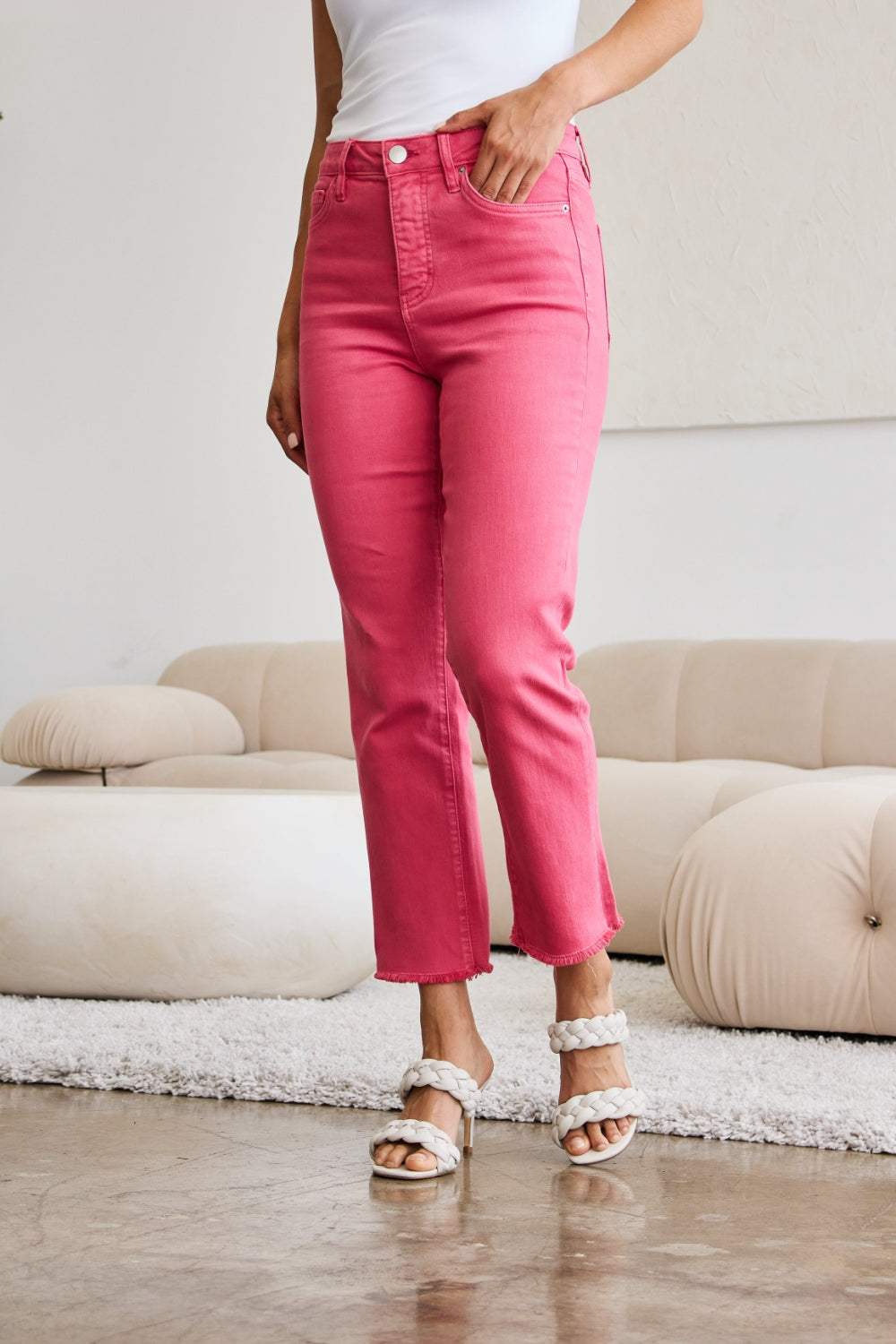 RFM Crop Dylan Full Size Tummy Control High Waist Raw Hem Jeans - Trendsi - Flyclothing LLC