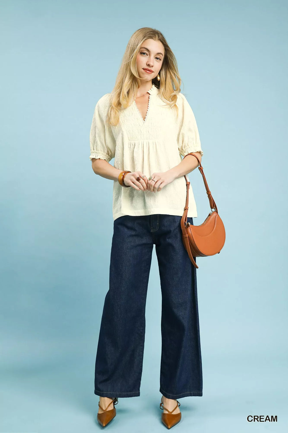 Umgee Textured Smocked Peasant Top - Trendsi - Flyclothing LLC