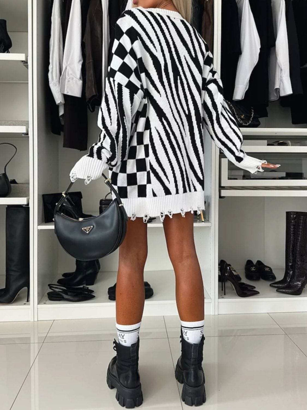 Contrast Round Neck Long Sleeve Oversize Sweater - Trendsi - Flyclothing LLC