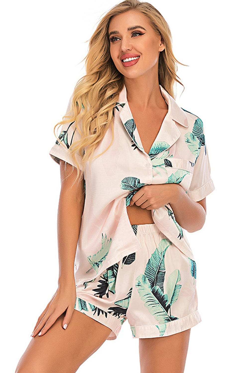 Printed Button Up Short Sleeve Top and Shorts Lounge Set - Trendsi - Flyclothing LLC