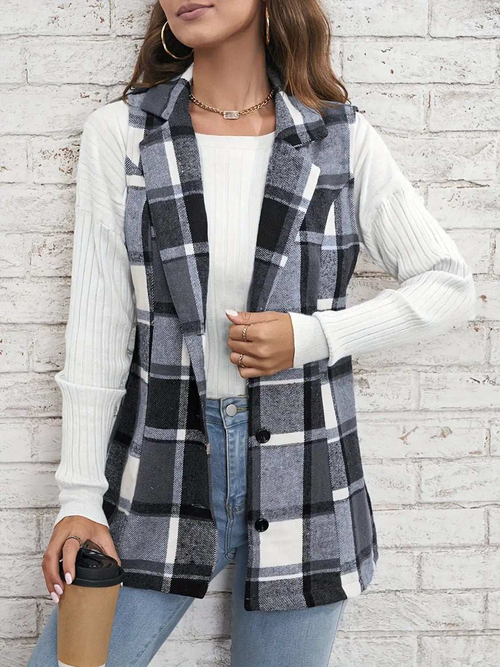 Plaid Button Down Vest Coat - Trendsi - Flyclothing LLC