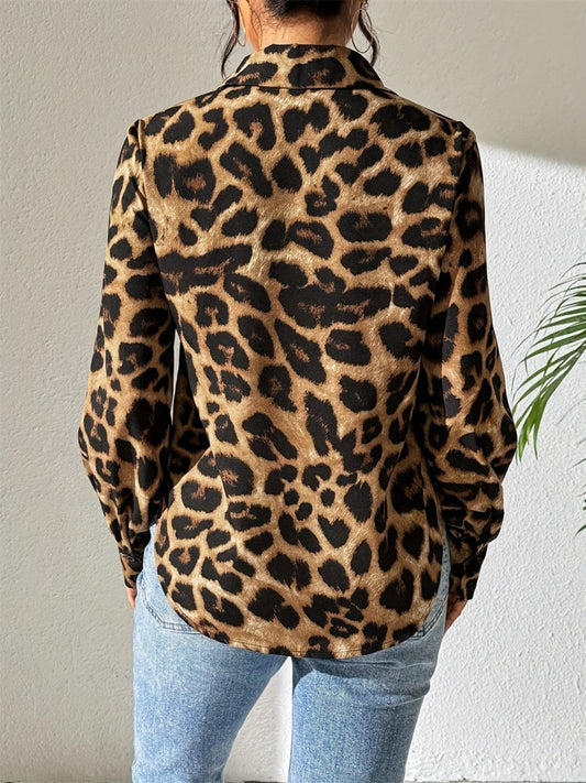 Leopard Collared Neck Long Sleeve Shirt - Trendsi