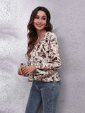 Ruched Printed V-Neck Long Sleeve Blouse - Trendsi - Flyclothing LLC