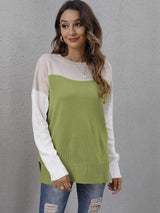 Color Block Round Neck Dropped Shoulder Sweater - Trendsi - Flyclothing LLC