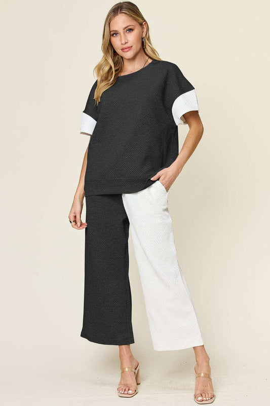 Double Take Full Size Texture Contrast T-Shirt and Wide Leg Pants Set - Trendsi - Flyclothing LLC