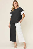 Double Take Full Size Texture Contrast T-Shirt and Wide Leg Pants Set - Trendsi - Flyclothing LLC