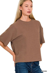 Zenana Full Size Double Knit Side Slits Hi Low Short Sleeve Top Plus Size - Trendsi - Flyclothing LLC