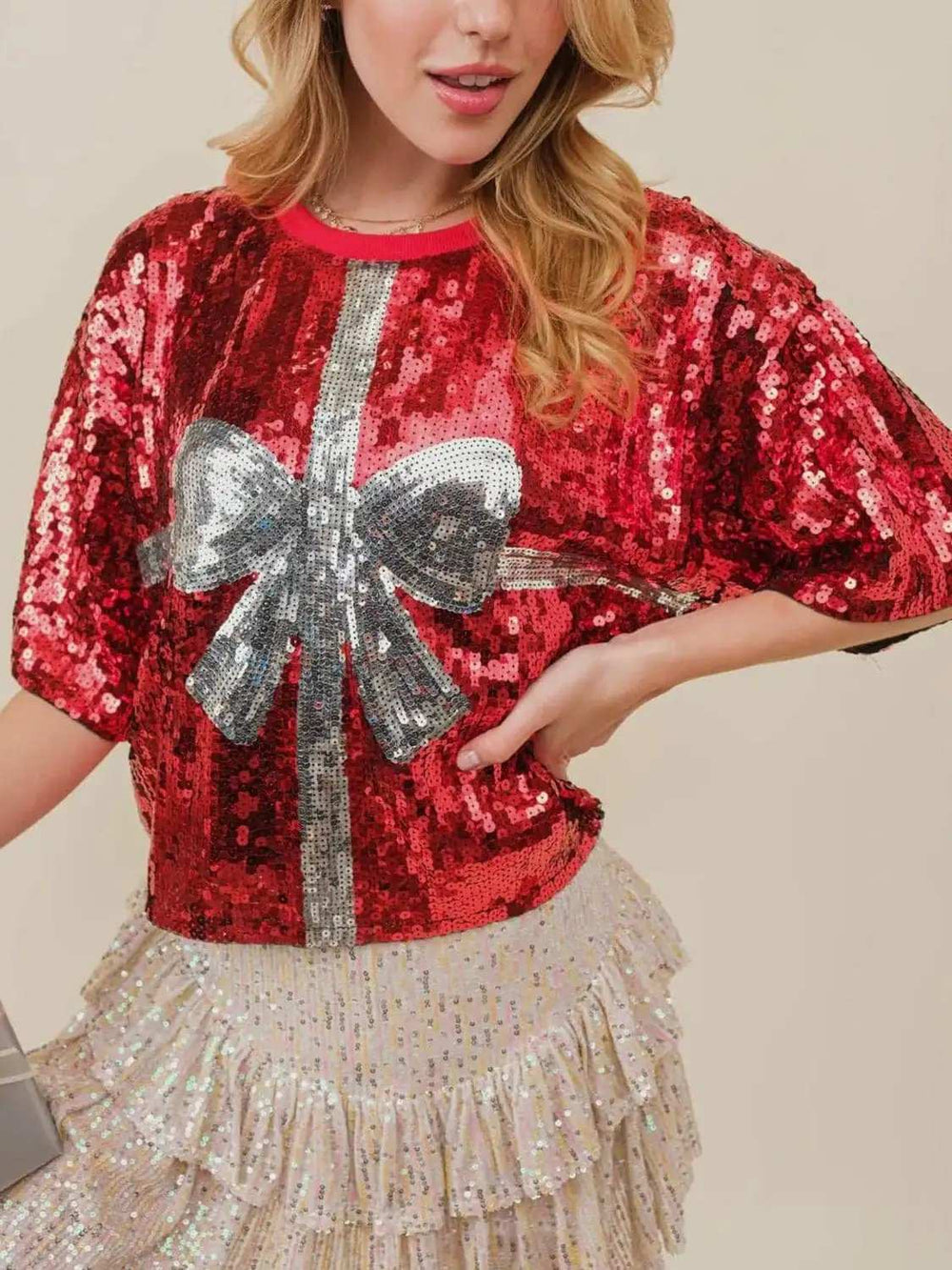 Sequin Bow Graphic Round Neck Half Sleeve T-Shirt - Trendsi - Flyclothing LLC