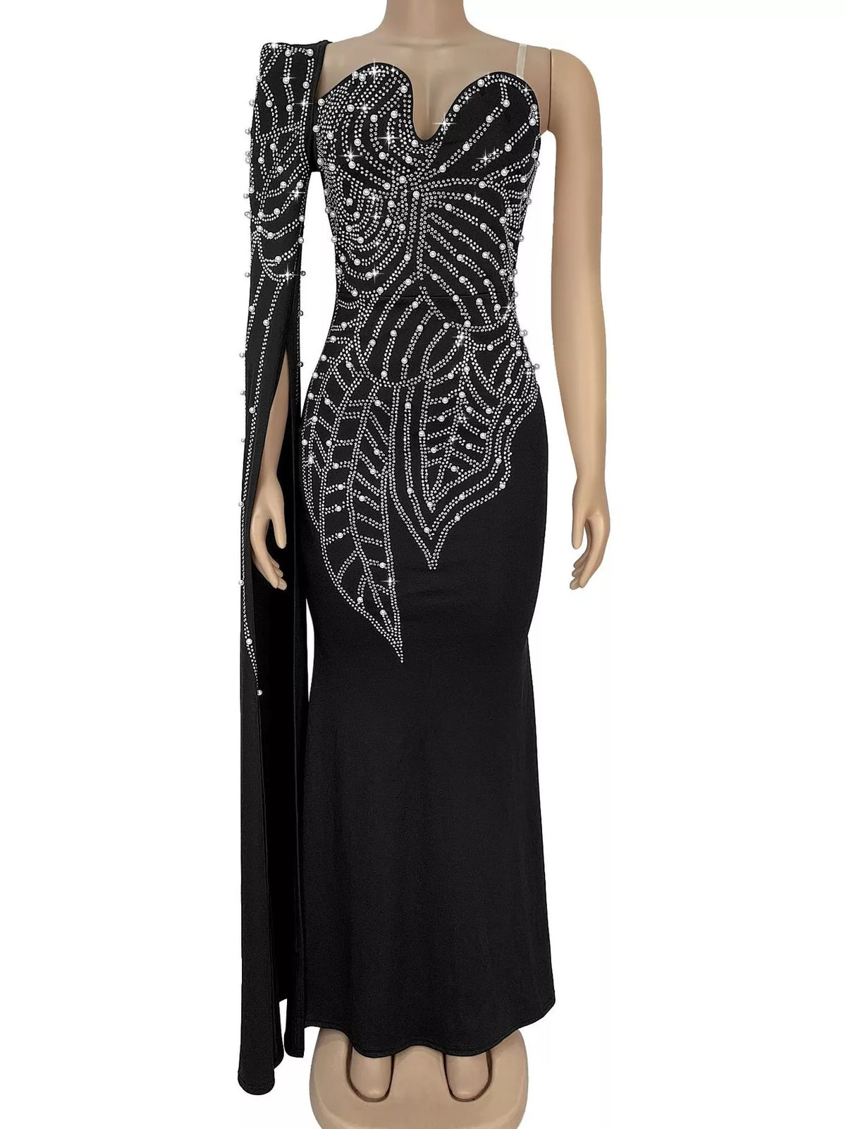 Rhinestone Pearl Detail One-Shoulder Mermaid Maxi Dress - Trendsi - Flyclothing LLC