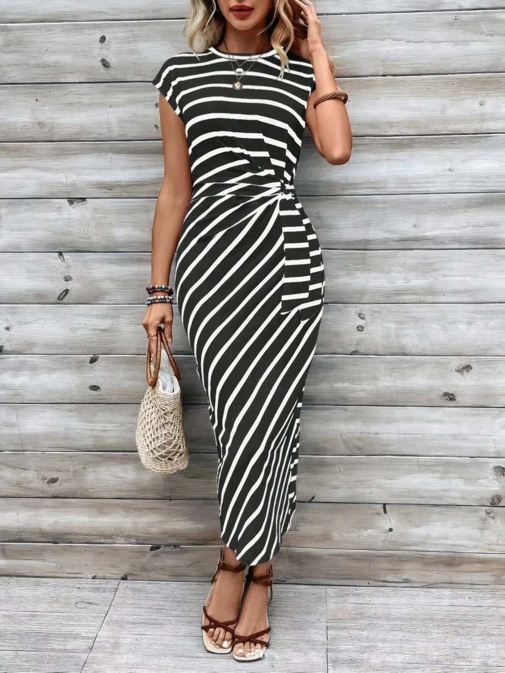 Striped Round Neck Cap Sleeve Midi Dress - Trendsi - Flyclothing LLC
