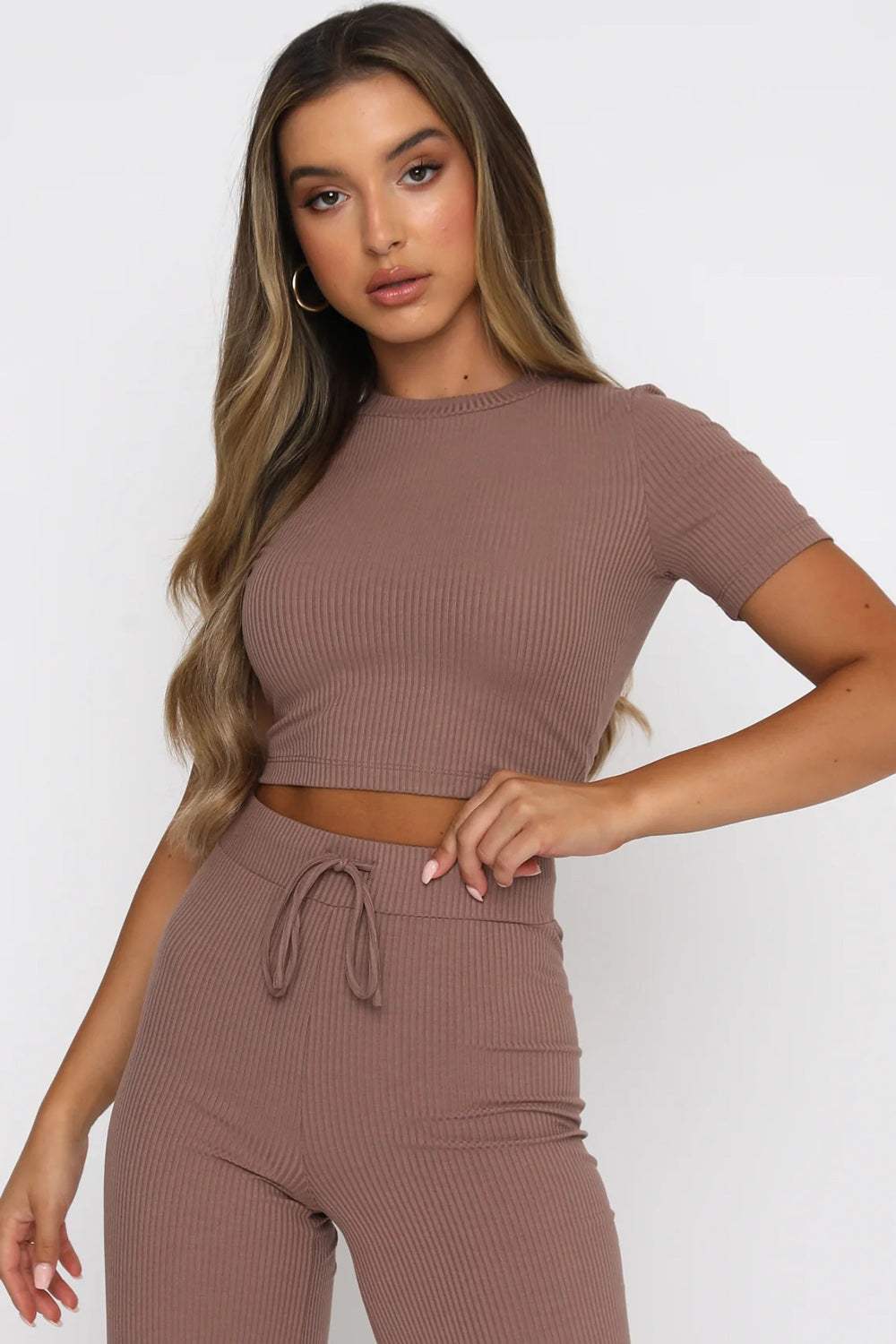 Round Neck Short Sleeve Top and Pants Set - Trendsi - Flyclothing LLC