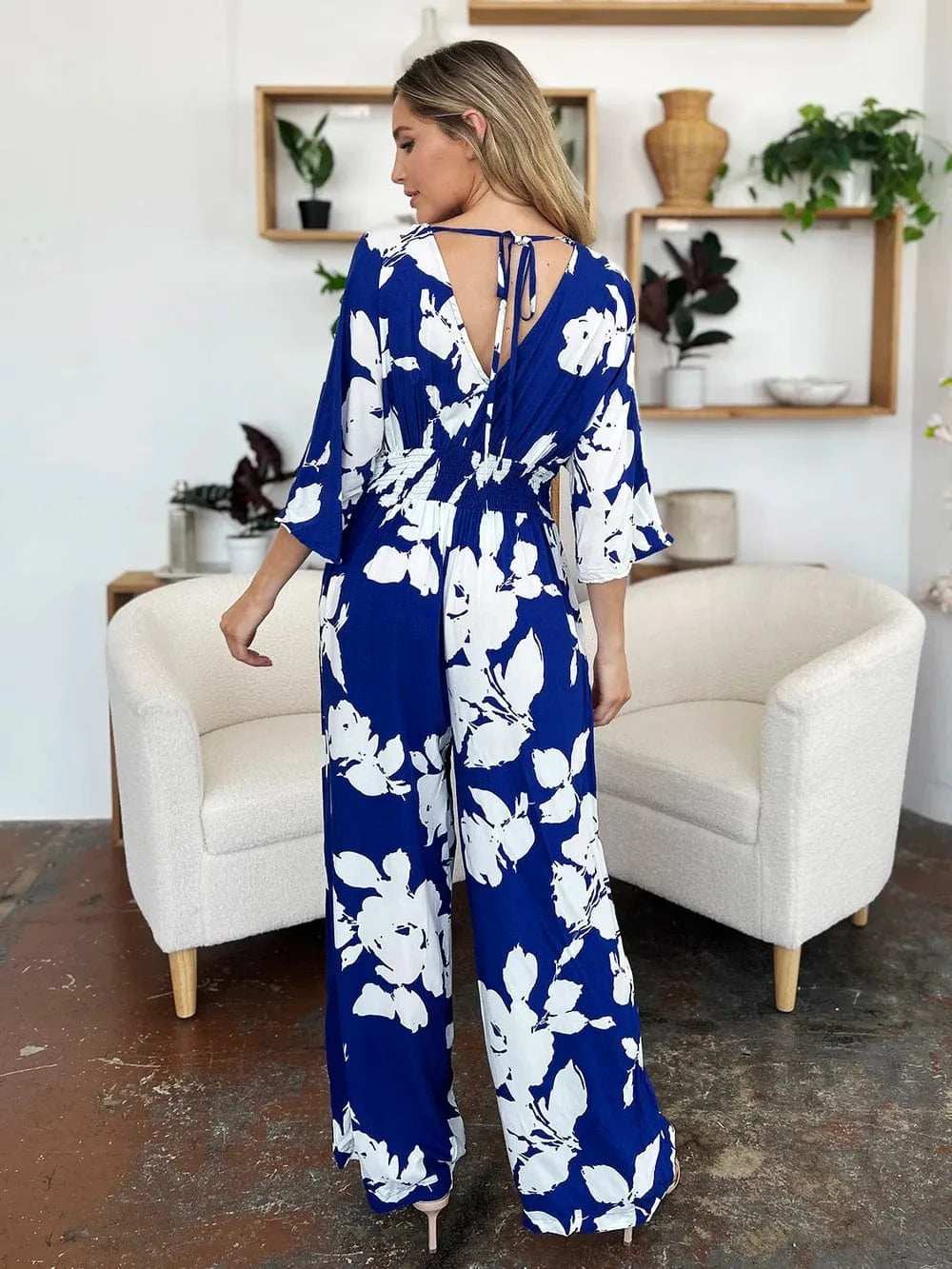 Double Take Full Size Printed Tie Back Wide Leg Jumpsuit - Trendsi - Flyclothing LLC