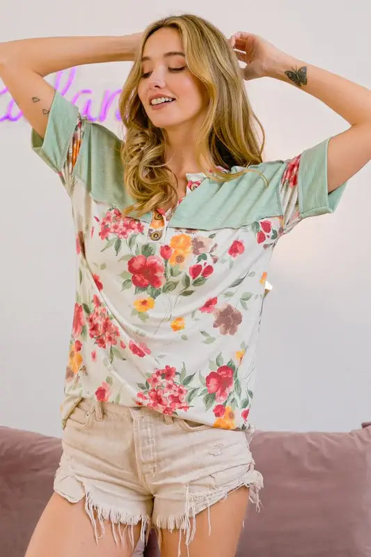 BiBi Floral Button Detail Round Neck Short Sleeve Terry T-Shirt - Trendsi - Flyclothing LLC