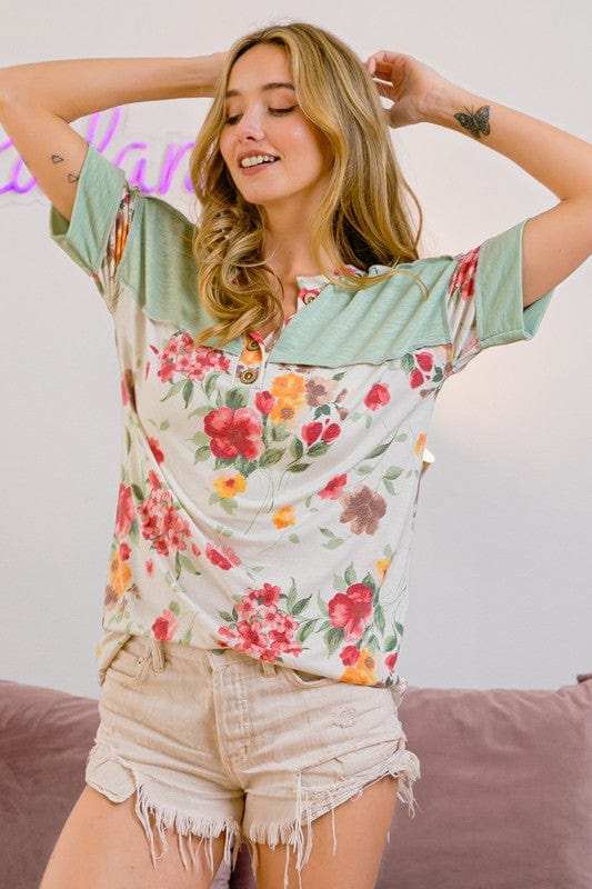 BiBi Floral Button Detail Round Neck Short Sleeve Terry T-Shirt - Trendsi - Flyclothing LLC