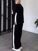 Full Size Contrast Round Neck Top and Pants Set Plus Size - Trendsi - Flyclothing LLC
