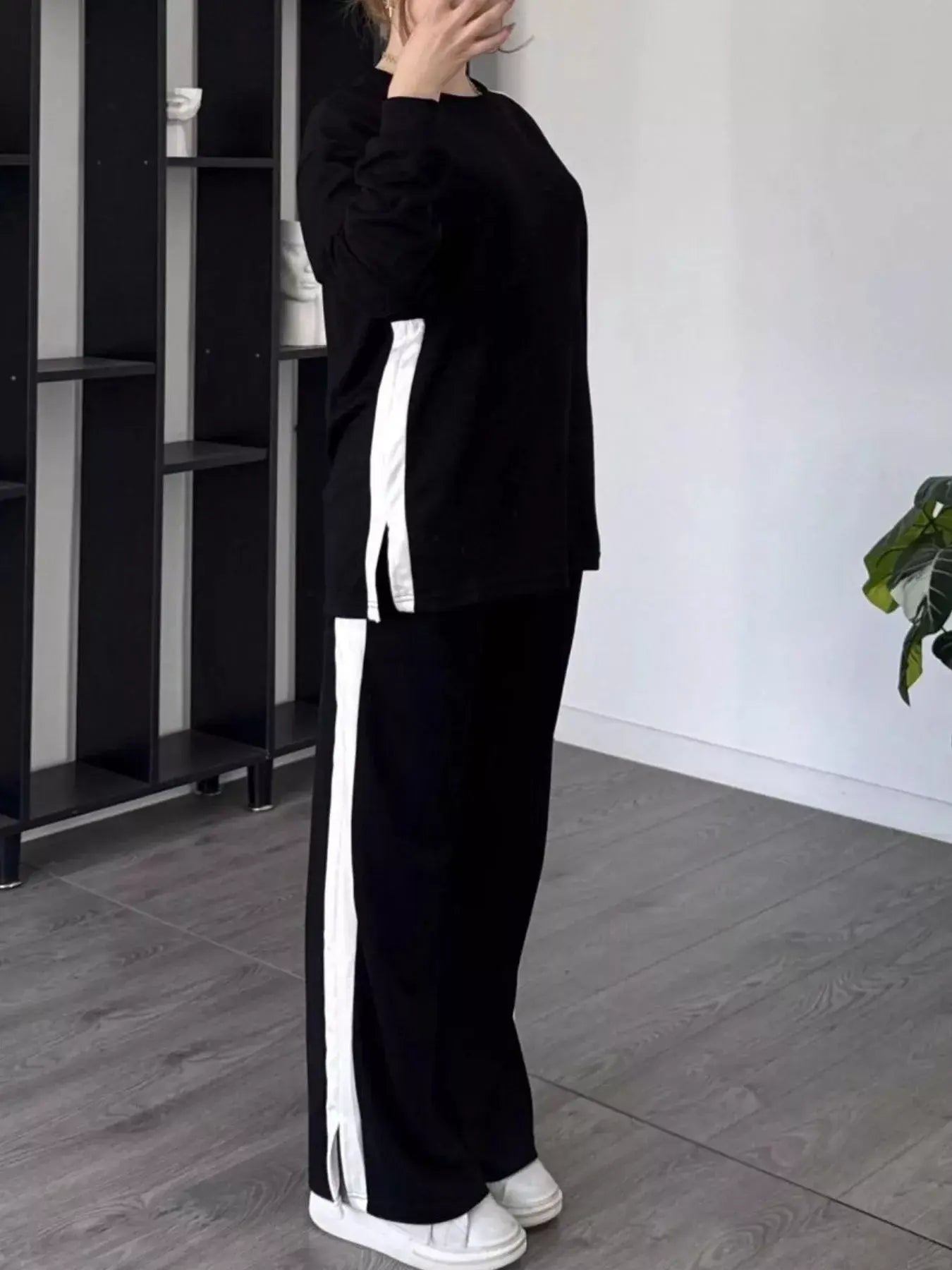 Full Size Contrast Round Neck Top and Pants Set Plus Size - Trendsi - Flyclothing LLC