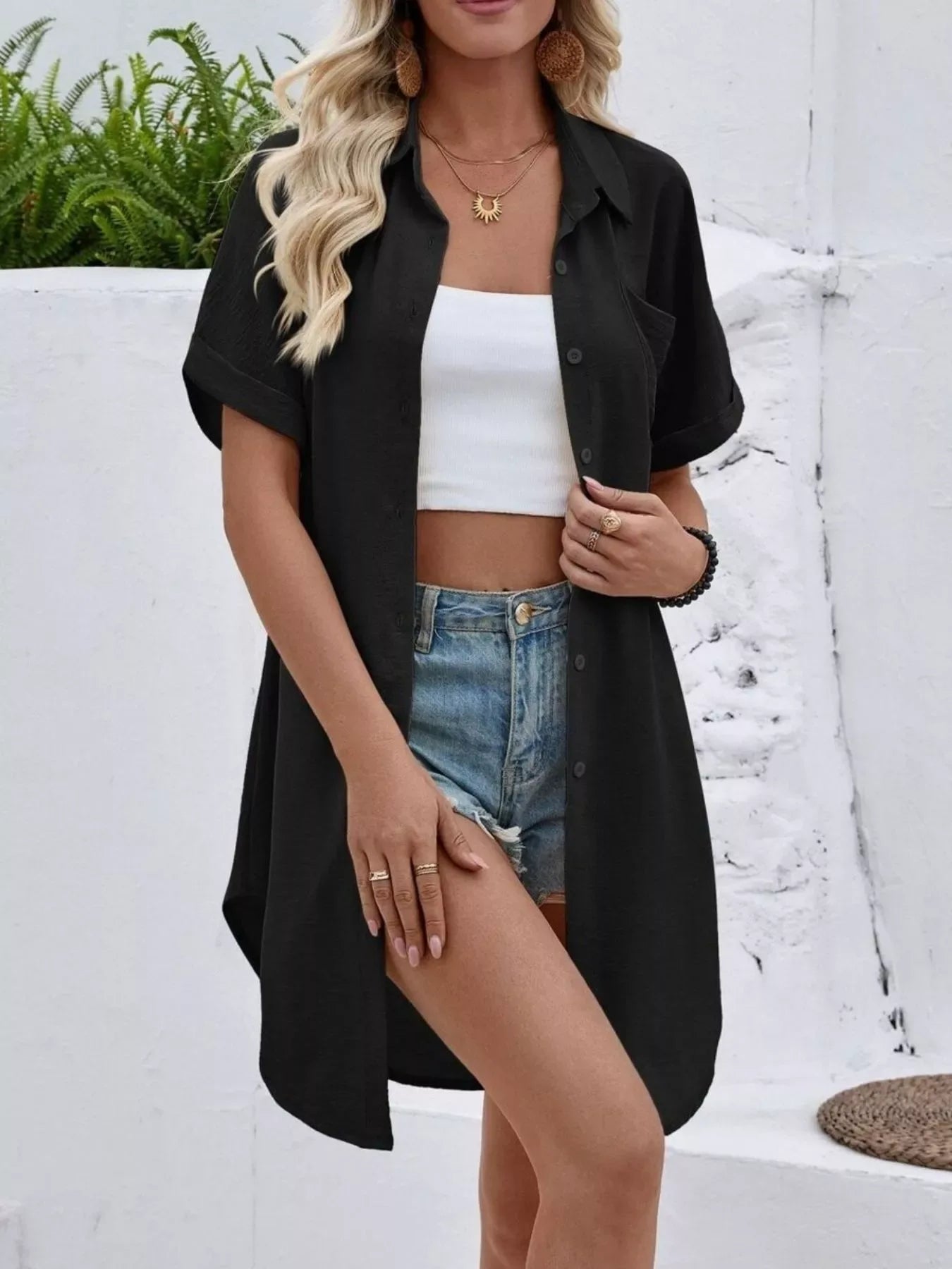 Relaxed Fit Button-Down Longline Shirt - Trendsi - Flyclothing LLC