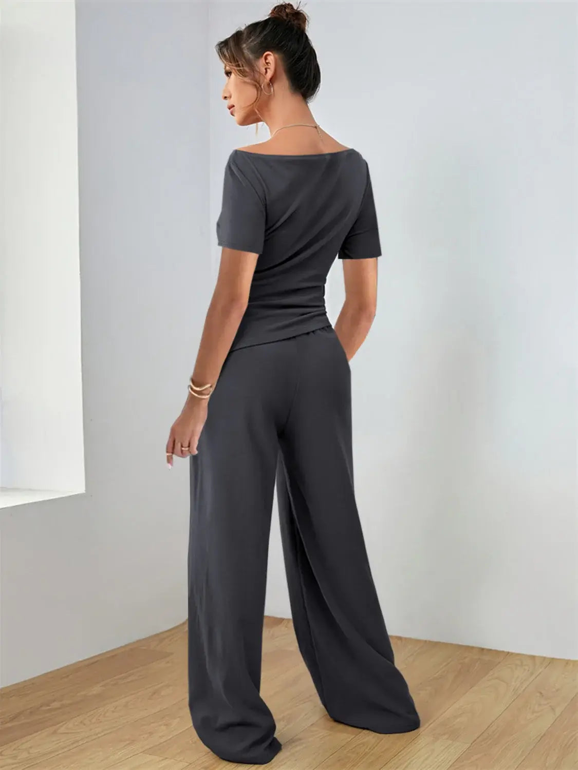 Round Neck Short Sleeve T-Shirt and Pants Set - Trendsi - Flyclothing LLC