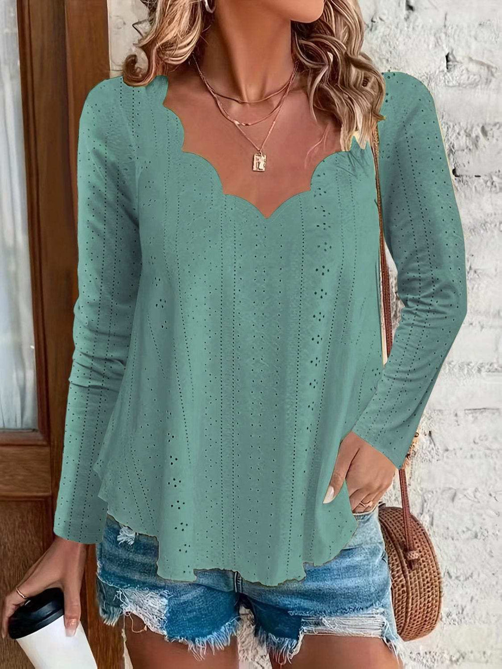 Eyelet Long Sleeve Blouse - Trendsi - Flyclothing LLC